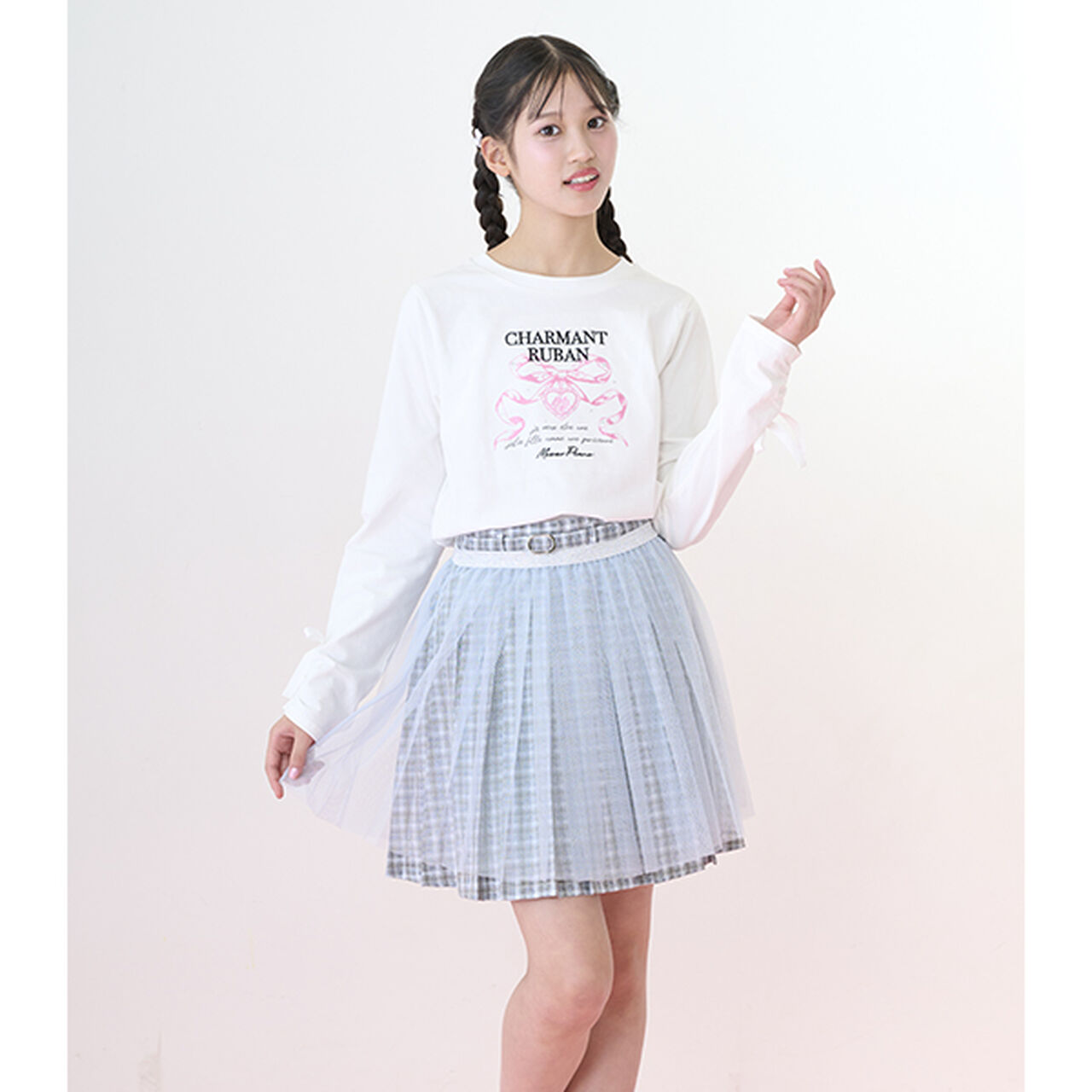 Checkered Box Pleated Skirt-Pants & Tulle Skirt Set,Black, large image number 12