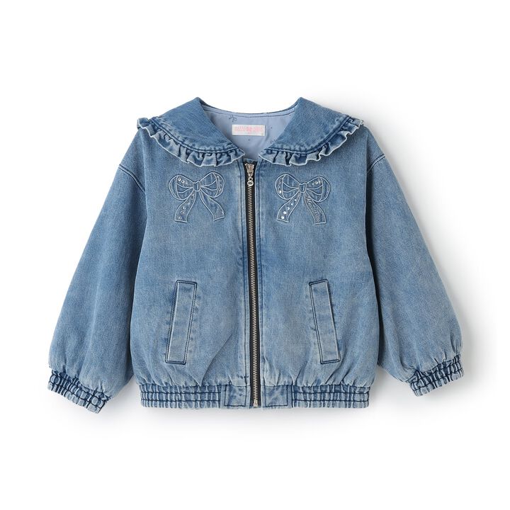 Denim & Faux Leather Sailor Collar Bomber Jacket,Sax blue, medium image number 0