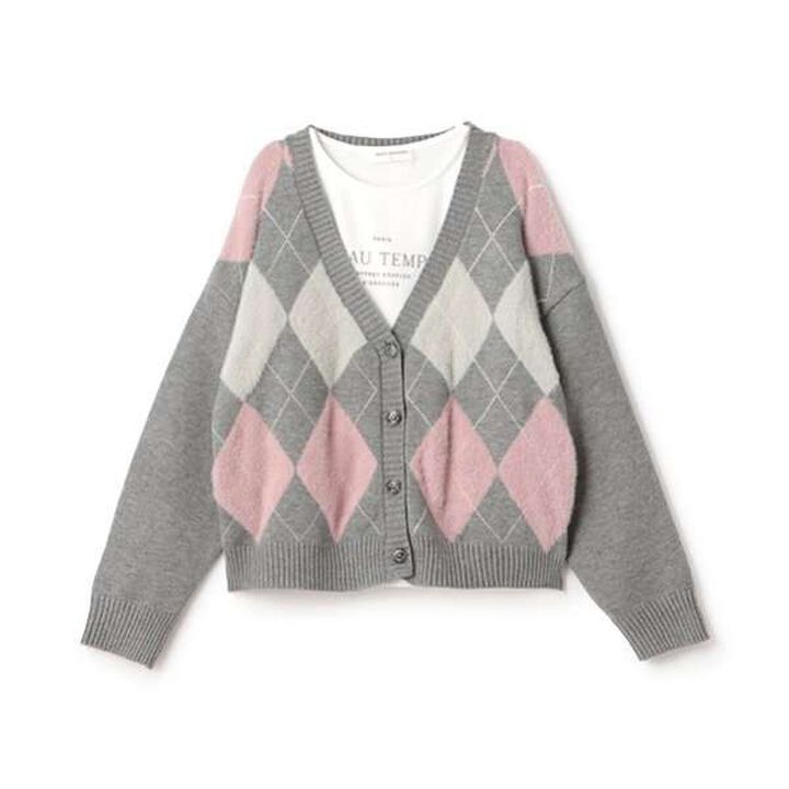 Argyle Shaggy Cardigan T-Shirt Set,Gray, medium image number 12