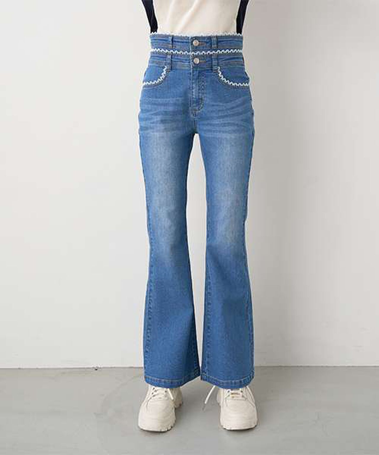Lace-Trimmed Denim Flare Pants,Light blue, large image number 0