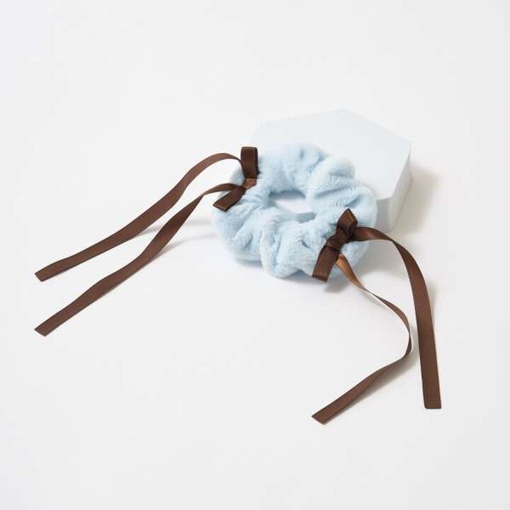 Ribbon-Trimmed Faux Fur Scrunchie,Blue gray, medium image number 5