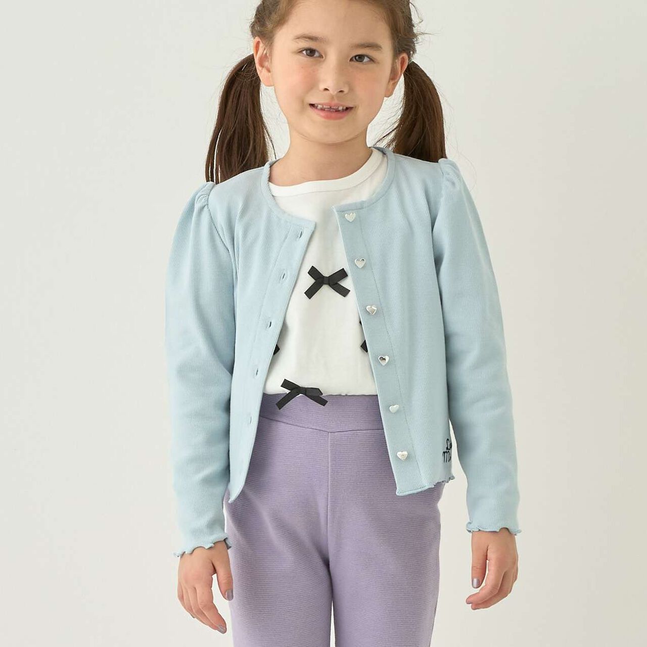 [Mini Length] Heart Button Ribbed Cardigan for Girls [Kids] [Children's Clothing],Blue gray, large image number 0
