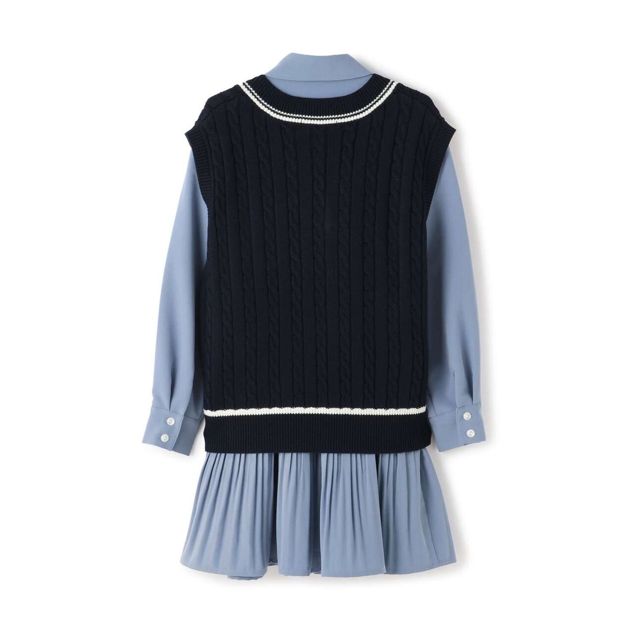 [Pleated Shirt Dress + Knit Vest Set],Blue, large image number 1