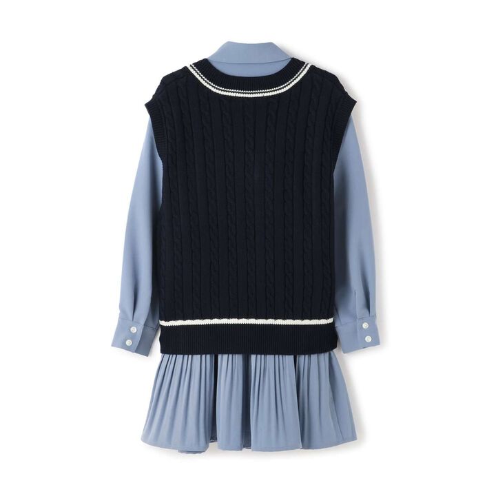 [Pleated Shirt Dress + Knit Vest Set],Blue, medium image number 1