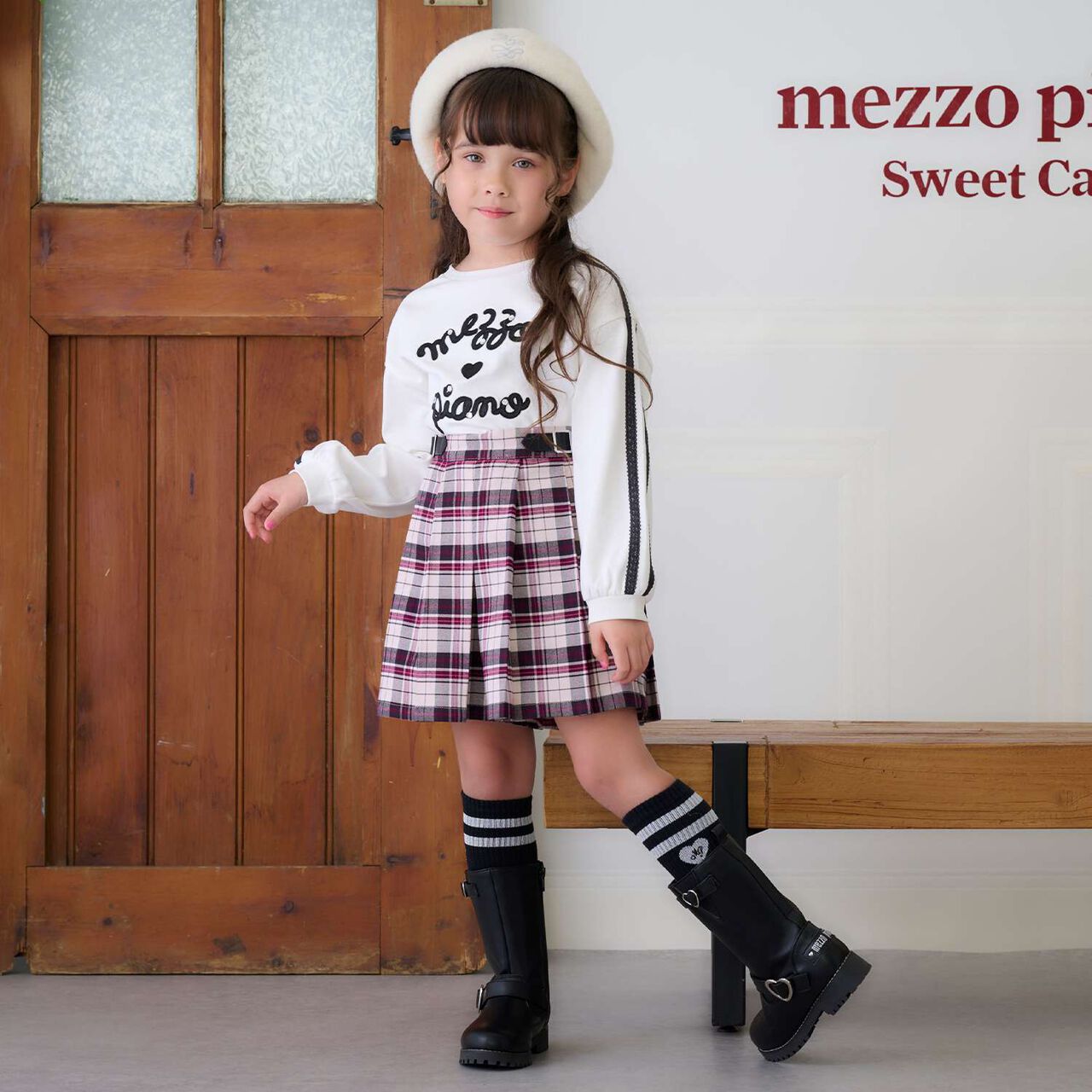 Check Pleats Culotte Skirt with Side Belt,Beige, large image number 0