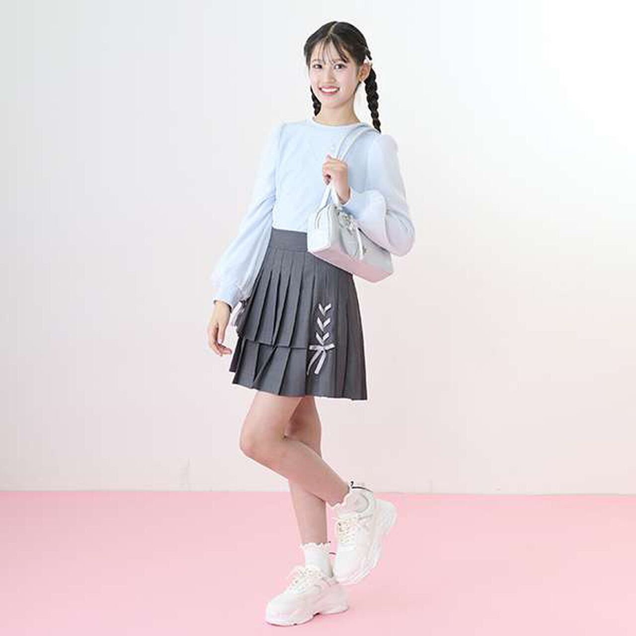 Lace-Up Ribbon Double Layer Pleated Skirt-Pants,Gray, large image number 14