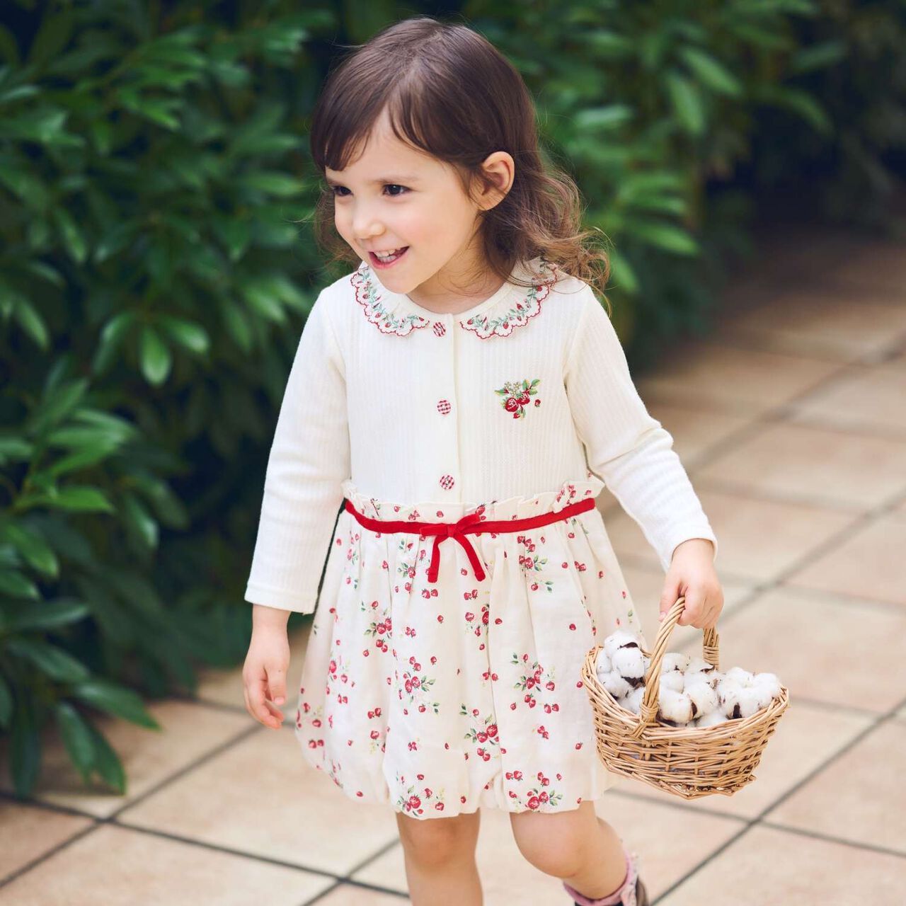 Wild Strawberry Long-Sleeve Balloon One-Piece Dress [Organic] [Made in Japan],Pearl white, large image number 0