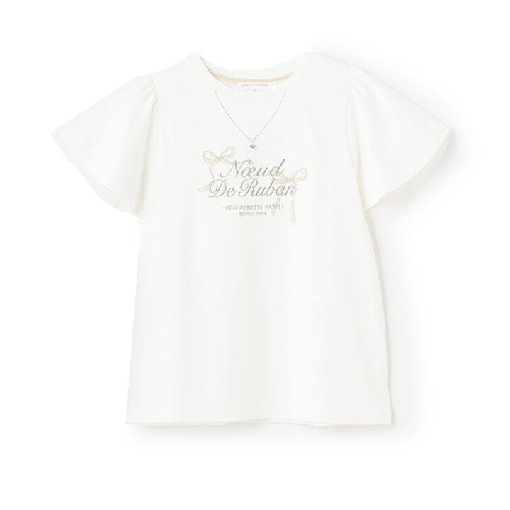Necklace-Style Embroidered Flare Sleeve T-Shirt,White, medium image number 3