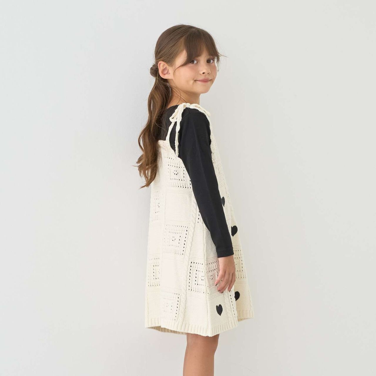 [Machine Washable] Black Crochet-Style Knit Docking One-Piece Dress,Black, large image number 2