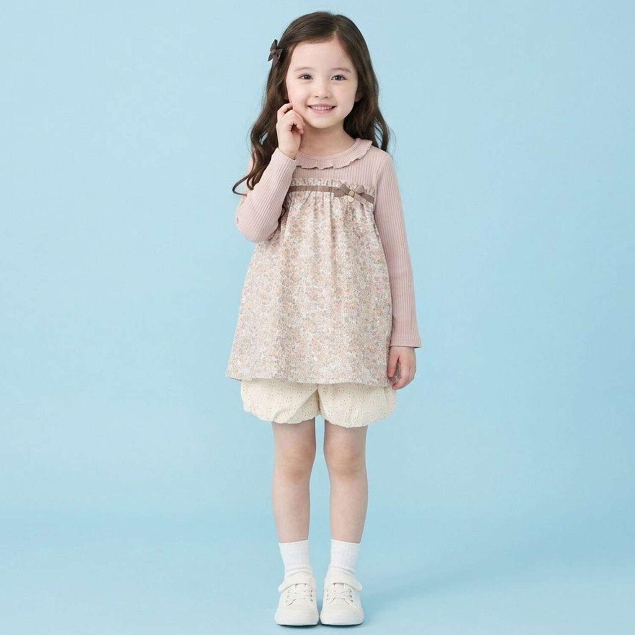 [Airy Silhouette] Floral Pattern Docked Collar Frill Tunic,Light beige, large image number 3