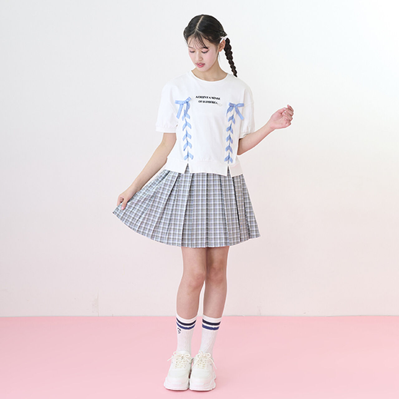 Checkered Box Pleated Skirt-Pants & Tulle Skirt Set,Black, large image number 29