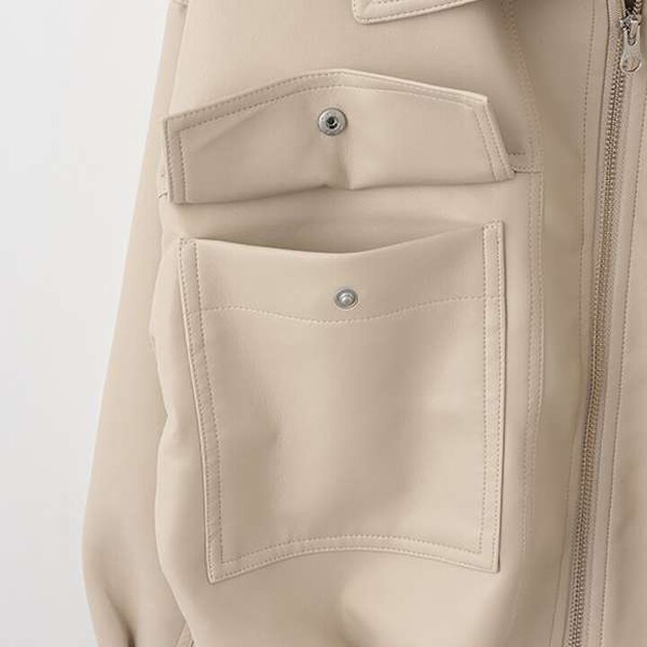 F Leather Short Bomber Jacket,Ivory, medium image number 13