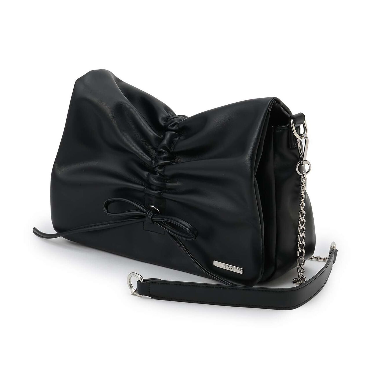 Faux Leather Ribbon Shirred Shoulder Bag,Ivory, large image number 4
