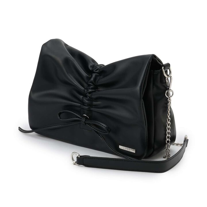Faux Leather Ribbon Shirred Shoulder Bag,Ivory, medium image number 4
