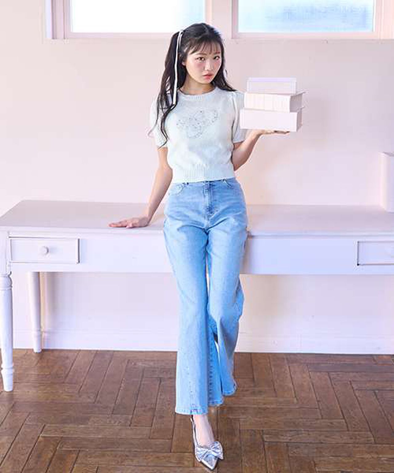 Jewel Logo Short-Sleeve Knitwear,Ivory, large image number 3