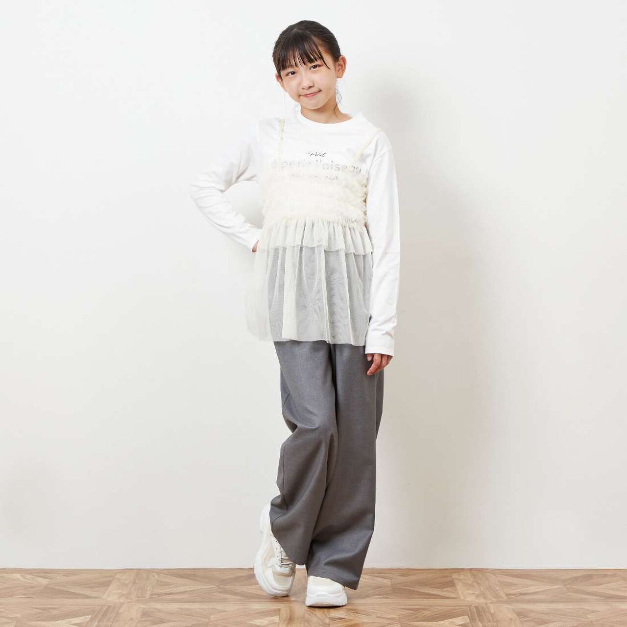 Tulle Camisole & Long-Sleeve T-Shirt Set (140-160),Ivory, large image number 2