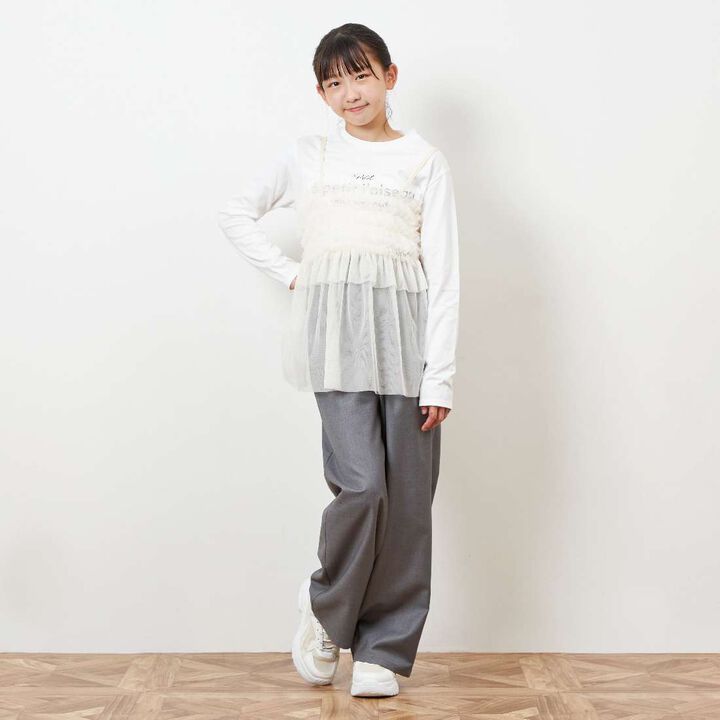Tulle Camisole & Long-Sleeve T-Shirt Set (140-160),Ivory, medium image number 2