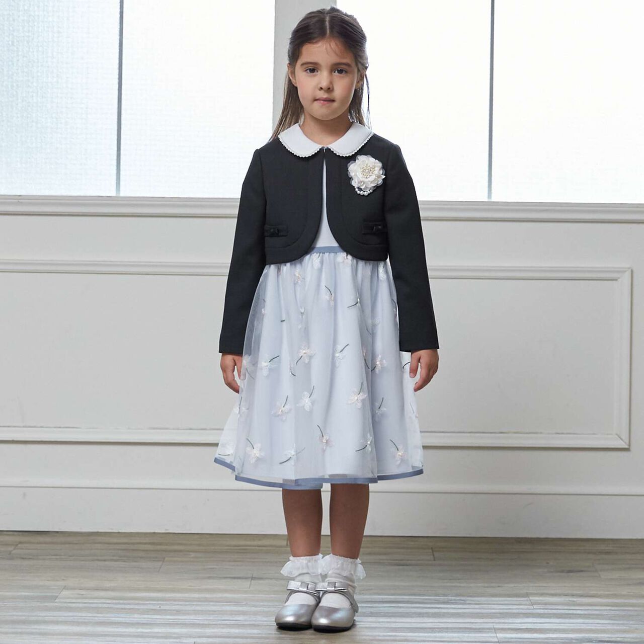 [Formal] Flower Embroidery OP + Collared JK Set,Sax blue, large image number 0