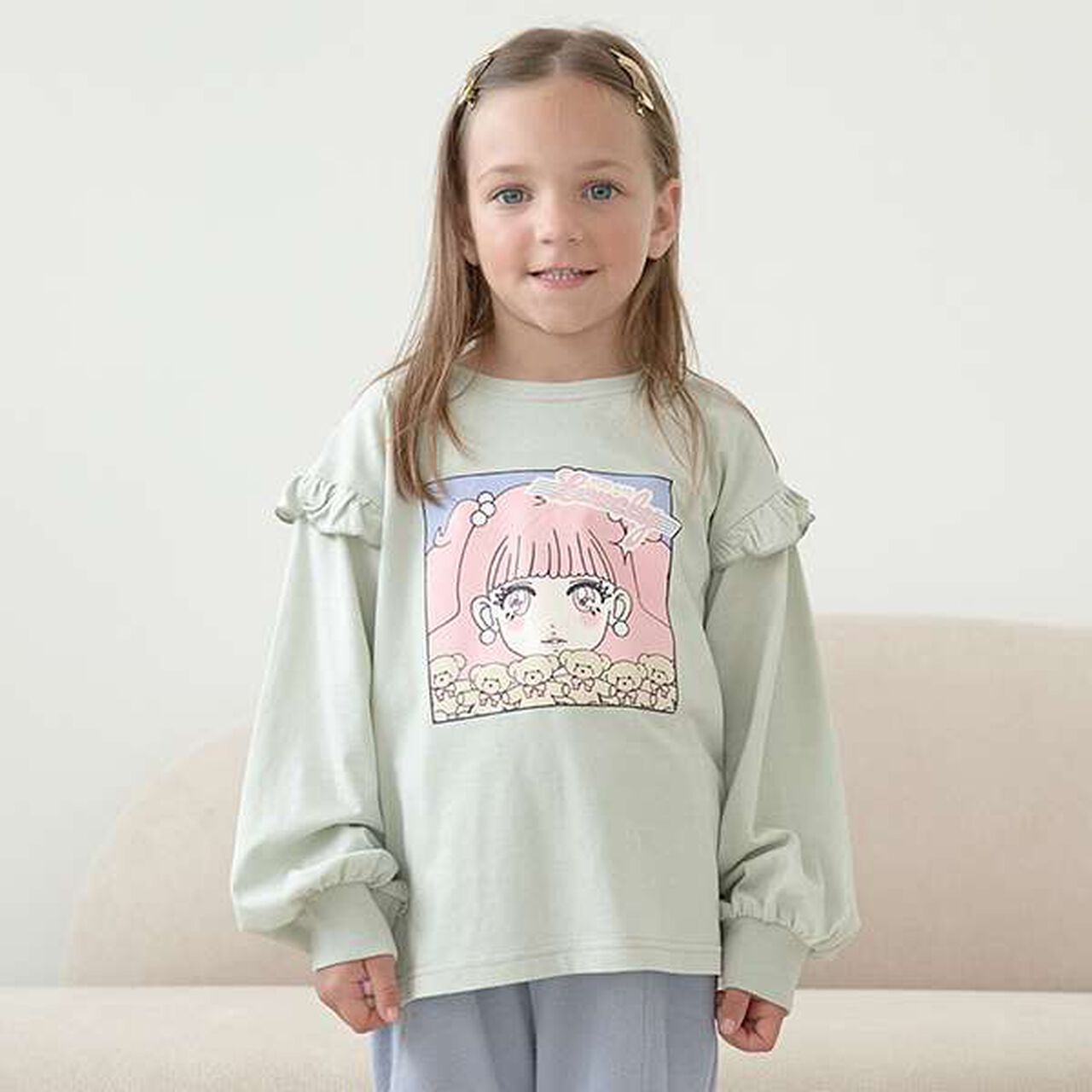 Non-Deforming Girls' Frill Big T-Shirt,Mint, large image number 0