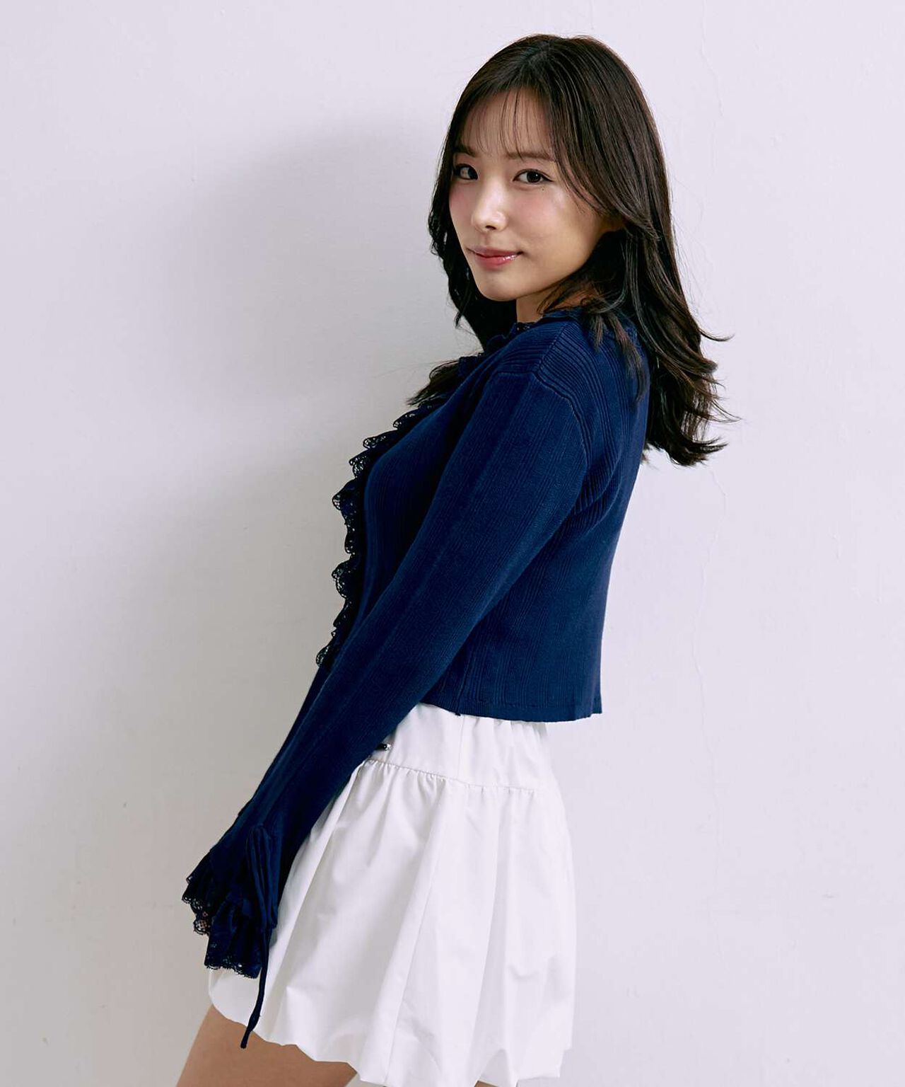 Frill Lace Knit Cardigan,Navy, large image number 2