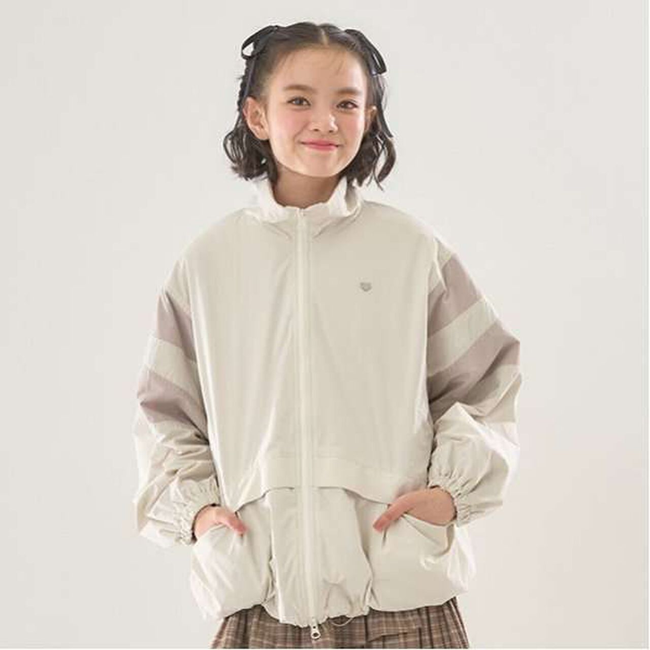 Water-Repellent Fleece-Lined Warm Color Block Track Jacket,Light beige, large image number 0