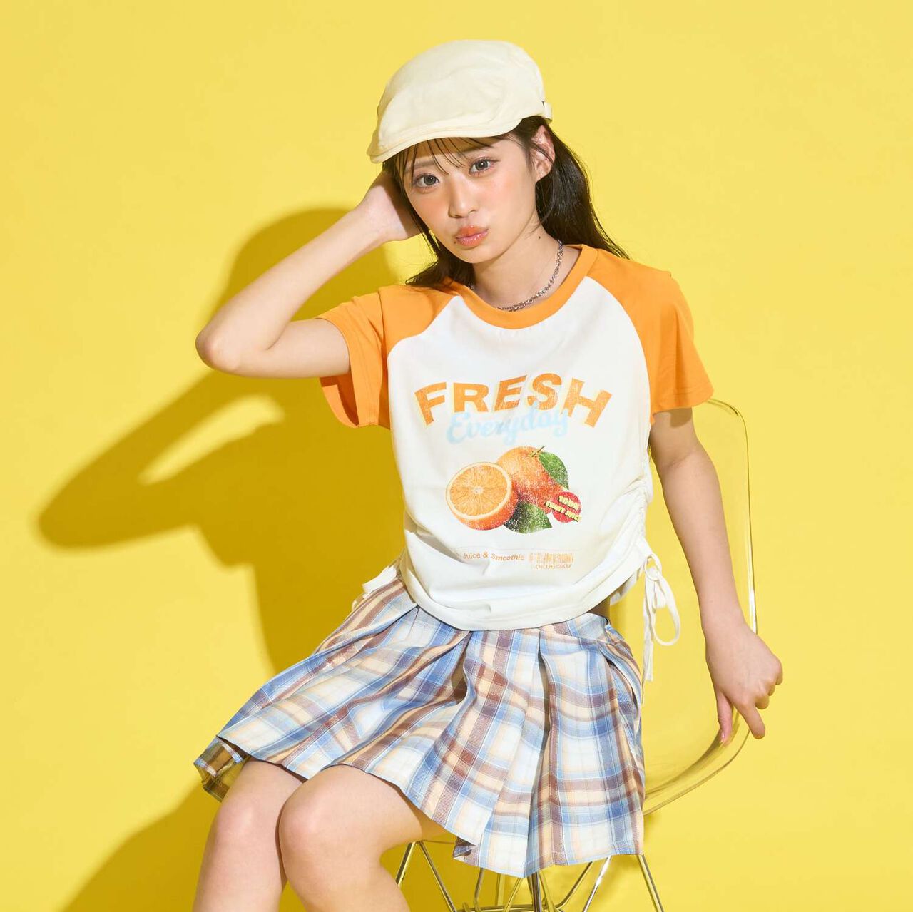[GOKUGOKU] Multi-Function Shirred Crop Raglan Short-Sleeve T-Shirt,Orange, large image number 9