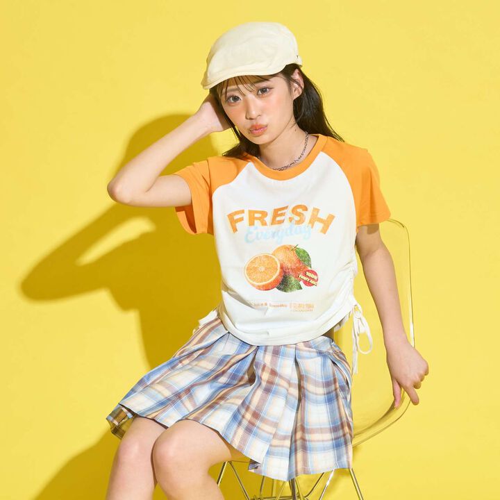 [GOKUGOKU] Multi-Function Shirred Crop Raglan Short-Sleeve T-Shirt,Orange, medium image number 9