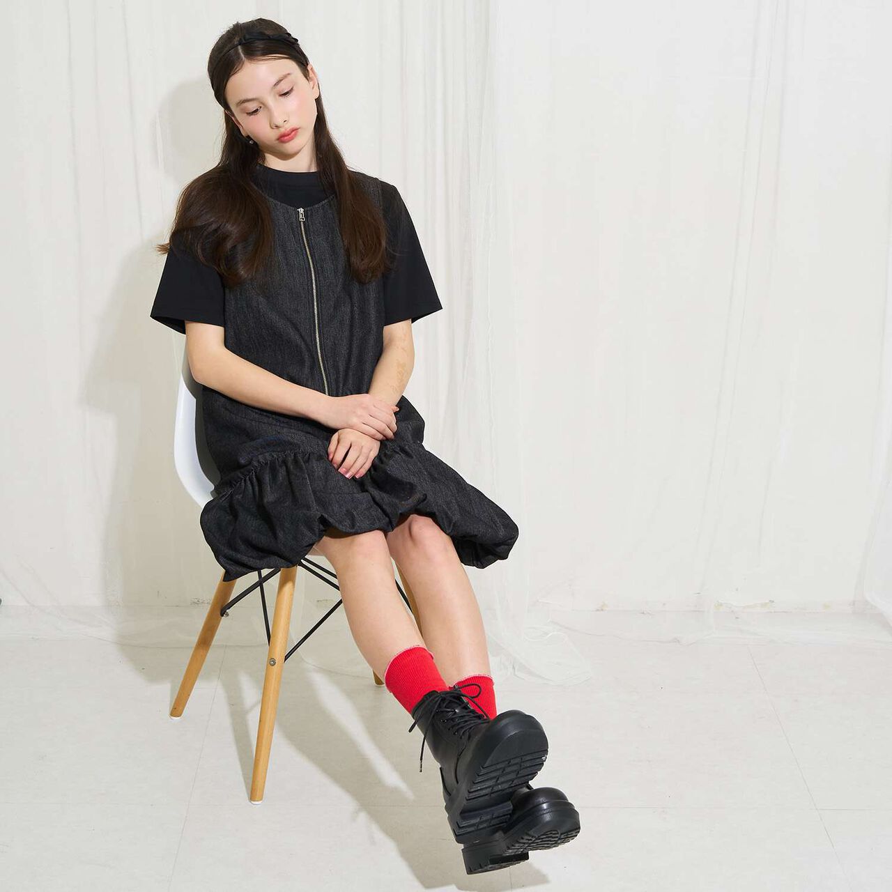 [AMI] Cool Touch Denim Balloon Jumper Skirt Inner Set,Black, large image number 19