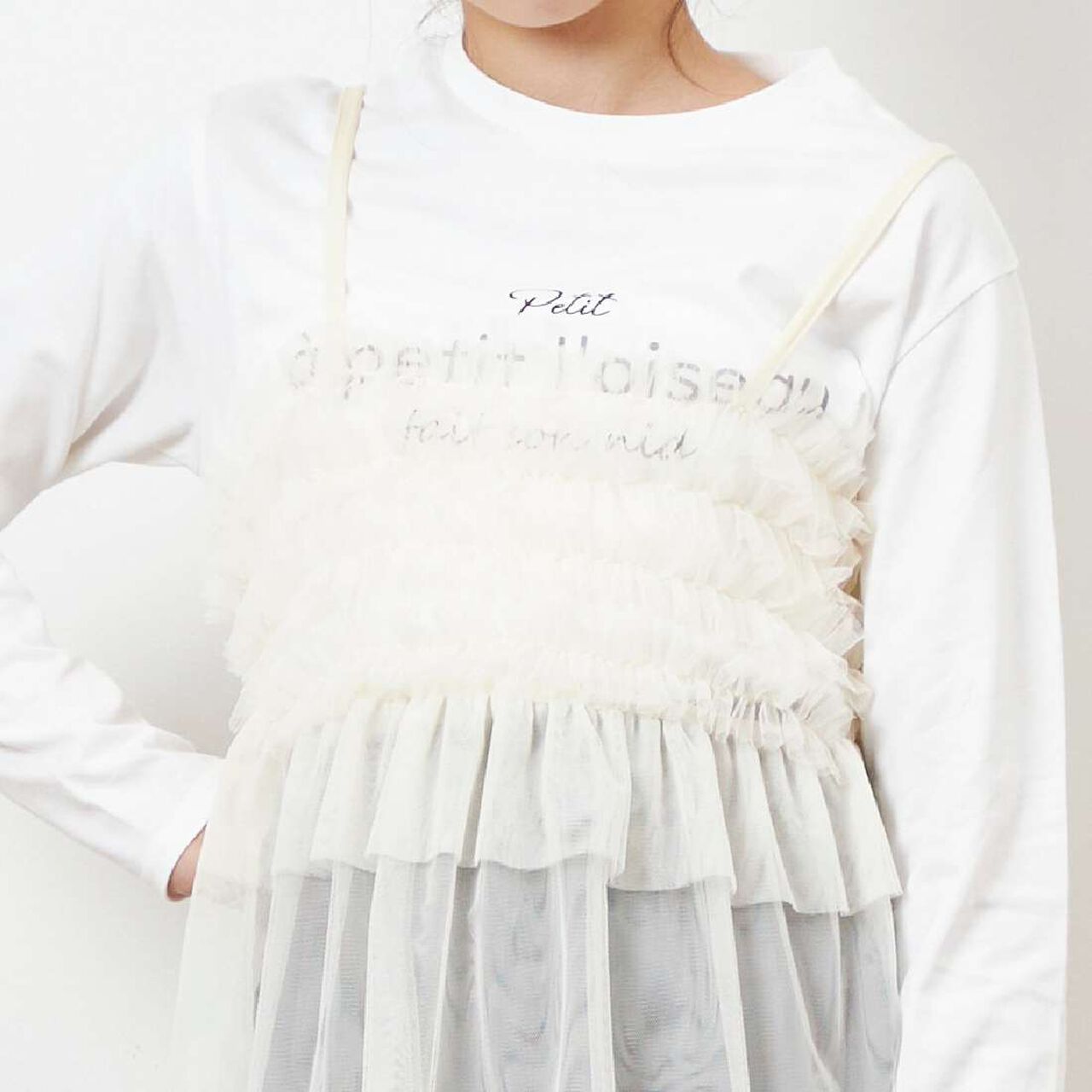 Tulle Camisole & Long-Sleeve T-Shirt Set (140-160),Ivory, large image number 4