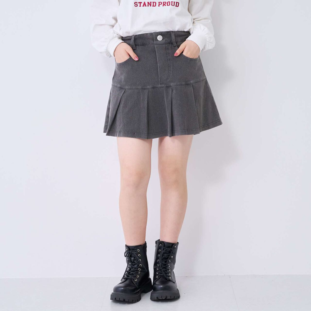 [Stretch] Denim-Look Cut Pleated Skirt,Blue, large image number 5