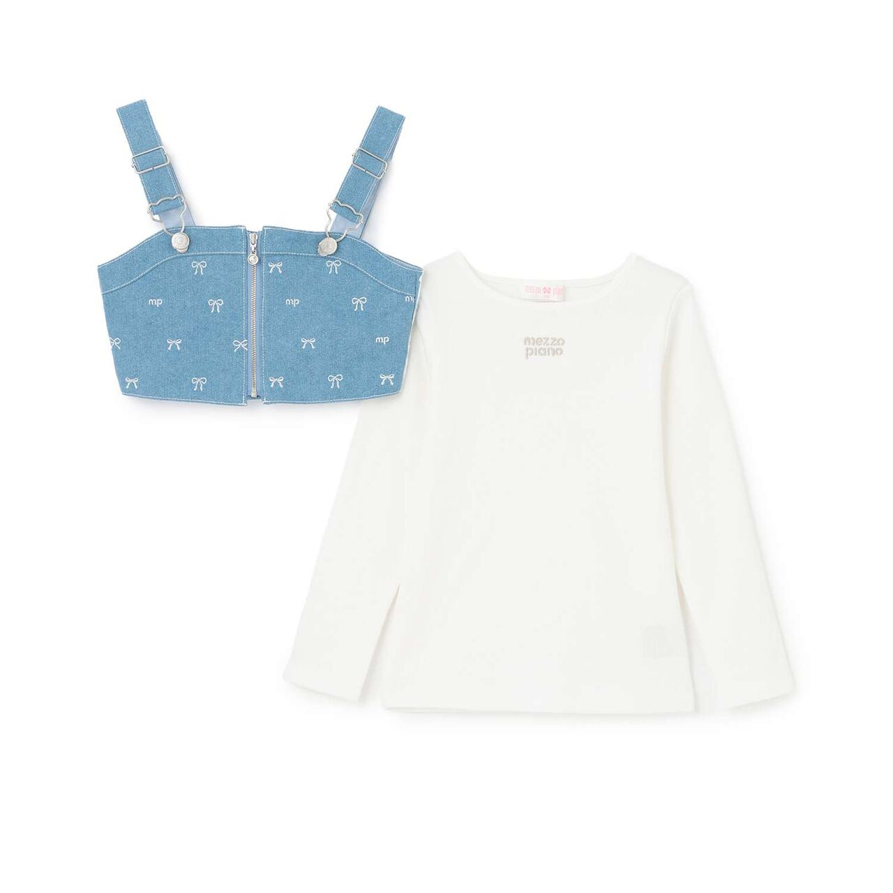 [Popular Item Restocked] [Not Available at Physical Stores] Ribbon Embroidered Bustier & Long-Sleeve T-Shirt Set,Turquoise, large image number 2