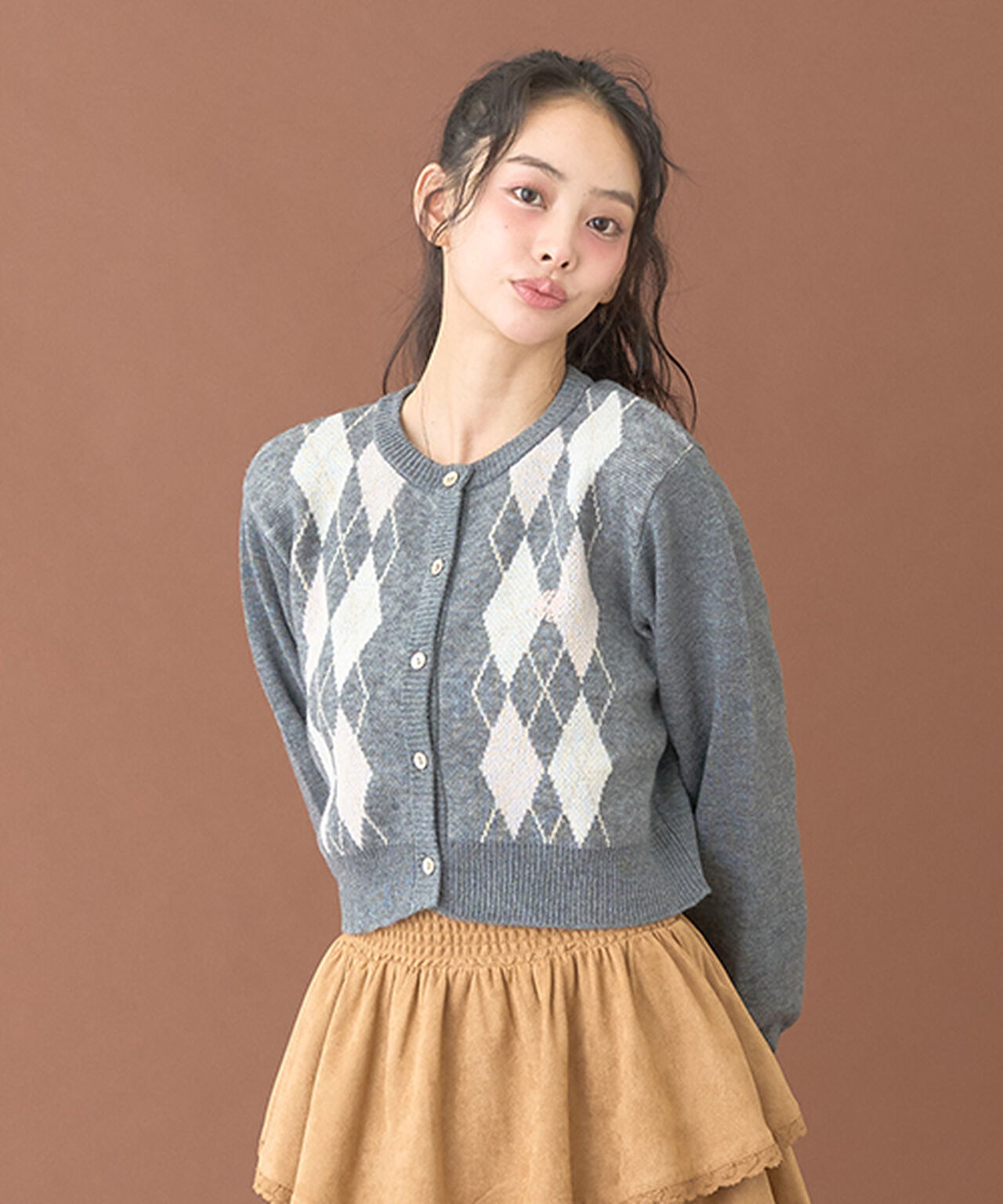 Argyle Knit Cardigan [Korean Fashion],Gray, large image number 2