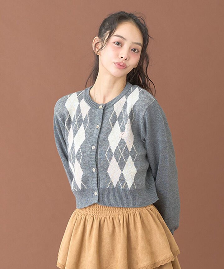 Argyle Knit Cardigan [Korean Fashion],Gray, medium image number 2