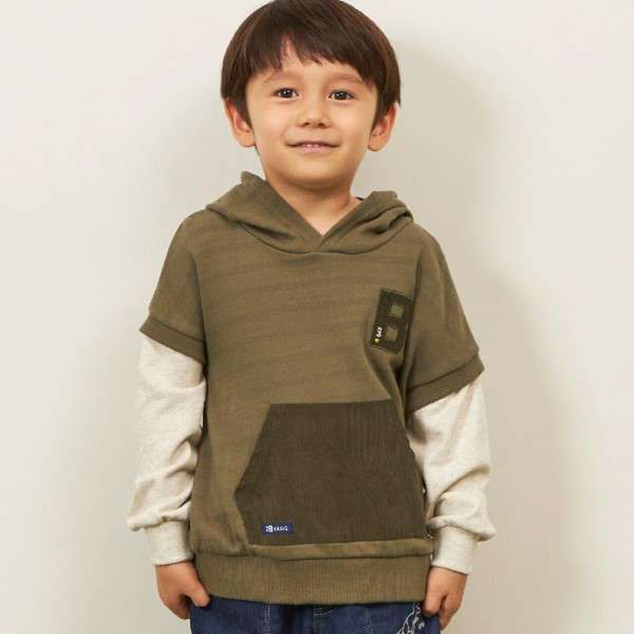 KP Boy Layered Style Hoodie Sweatshirt [110-160],Khaki, large image number 2
