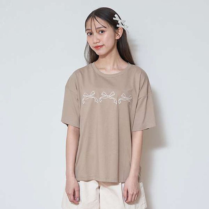 Ribbon Embroidered Half T-Shirt,Mocha tea, medium image number 0
