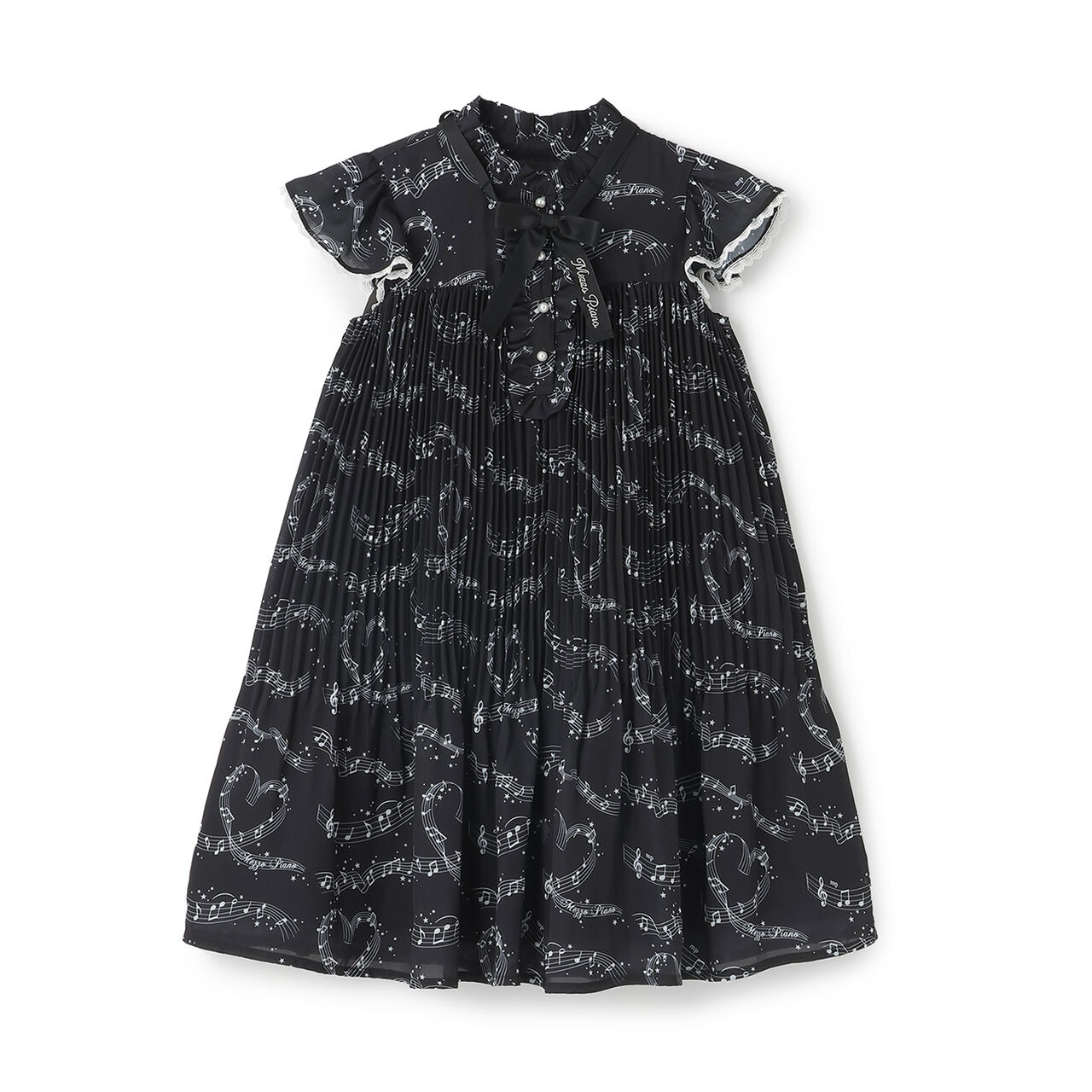 Melody Pattern Pleated One-Piece Dress,Black, large image number 0