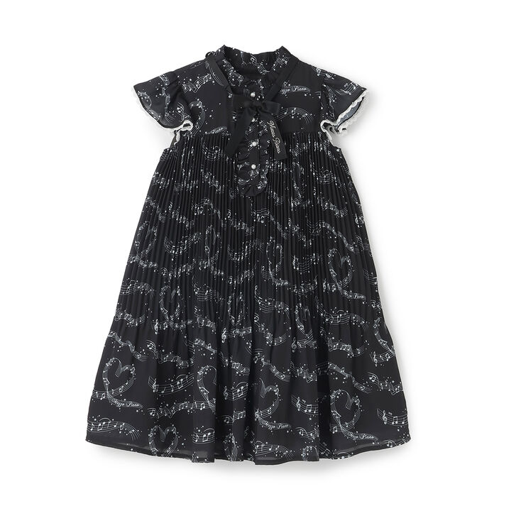 Melody Pattern Pleated One-Piece Dress,Black, medium image number 0