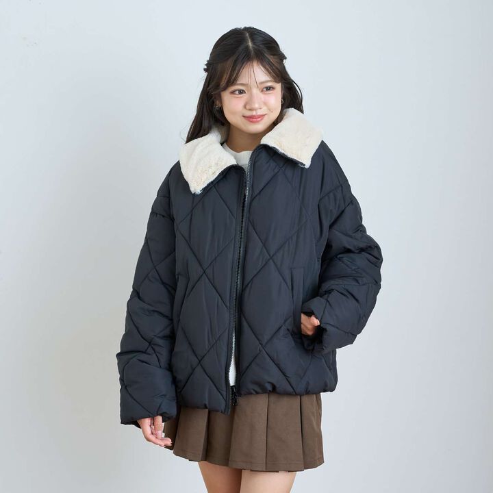 Double Zipper Puffy Quilted Bomber Jacket,Black, medium image number 5