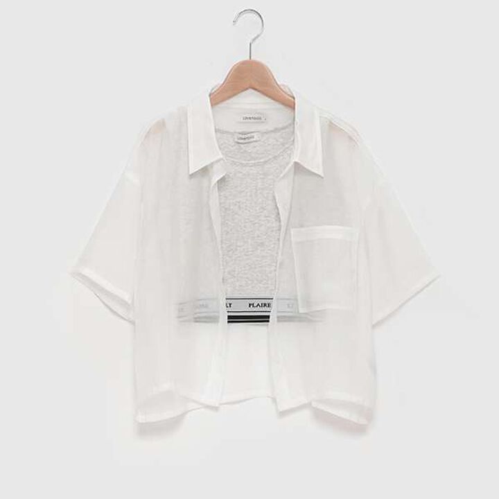 Short-Sleeve Sheer Shirt with Inner Lining,Off white, medium image number 4