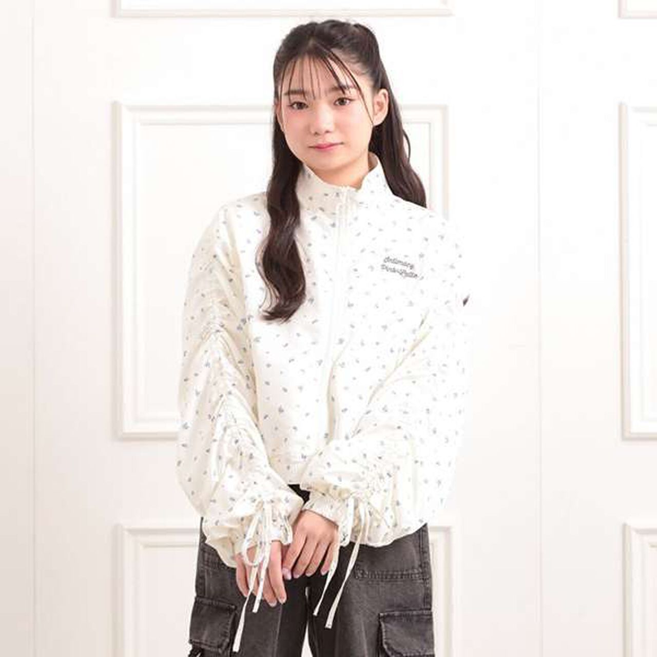 Drawstring Sleeve Bomber Jacket,Ivory, large image number 1