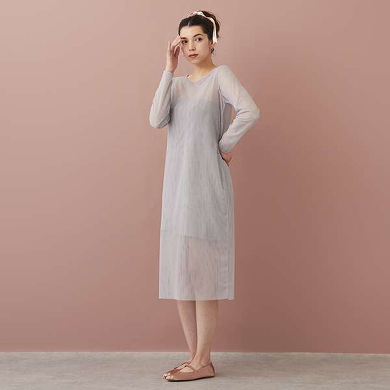 [LADIES] Sheer One-Piece Dress with Inner Lining,Light gray, large image number 4
