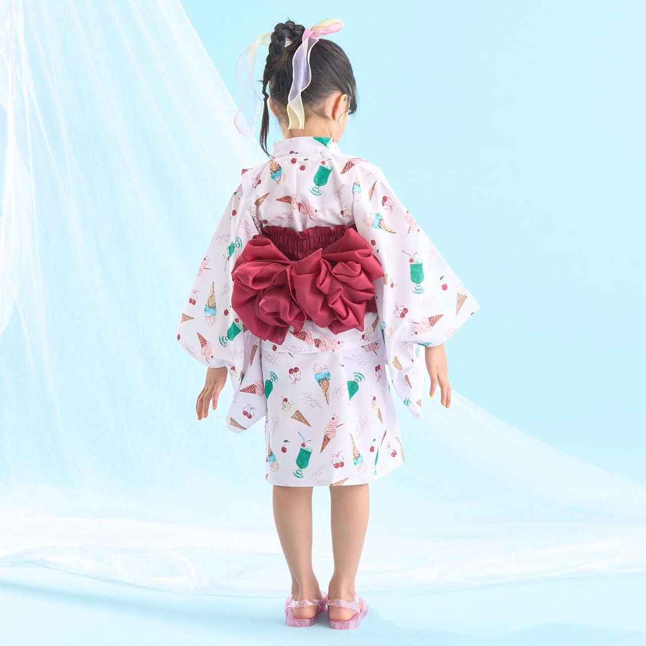 [Easy Wear♪] Cool Touch 4-Way Separate Yukata with Obi Belt (Kawaii) [Kids Girls],Dark red, large image number 25