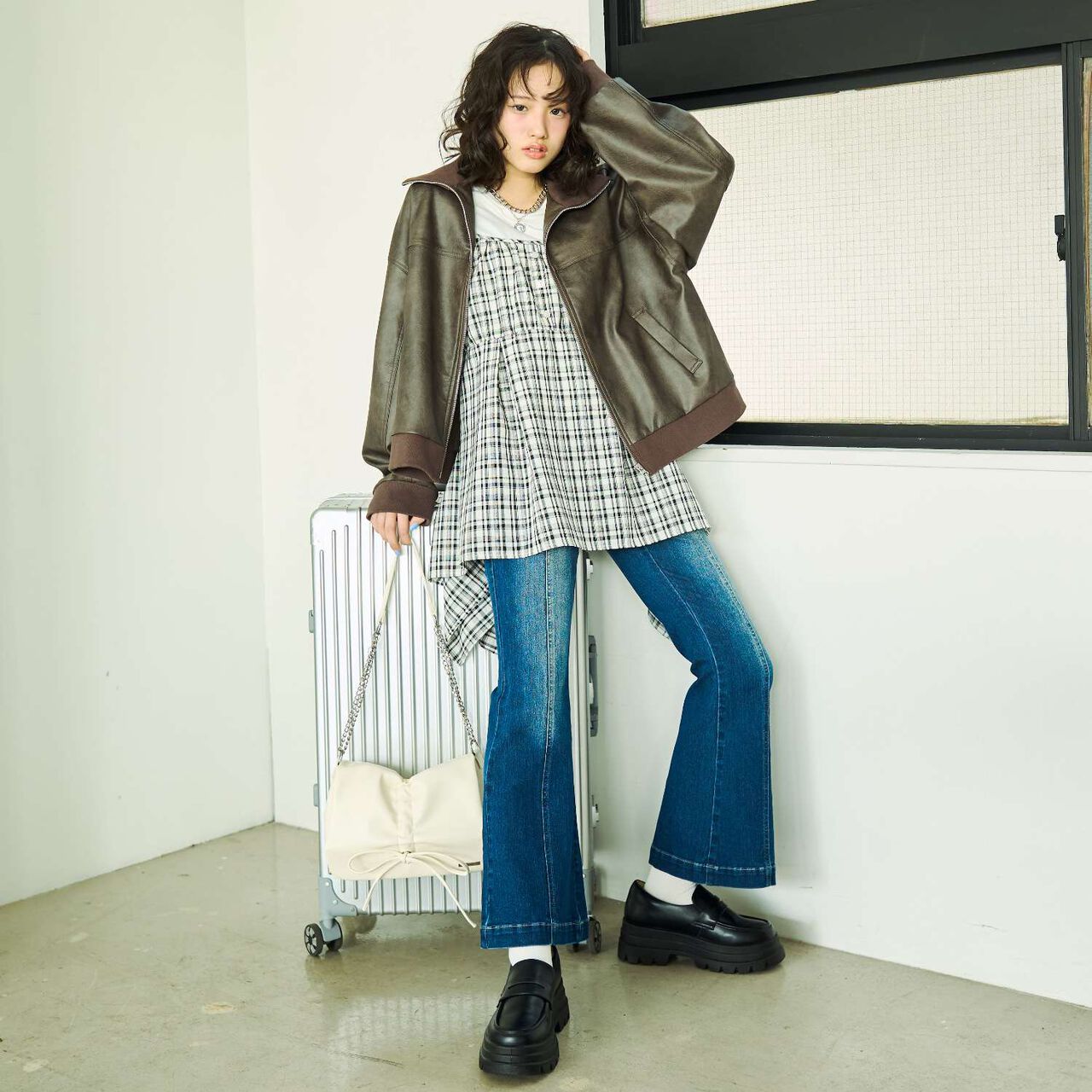 Stretch Style-Up Flare Denim Pants,Sax blue, large image number 1