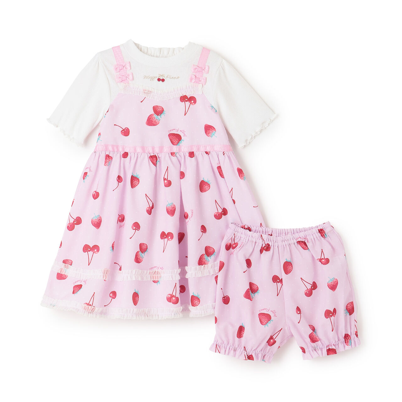 Strawberry Cherry Polka Dot Docking Dress & Bloomers Set,Off white, large image number 2