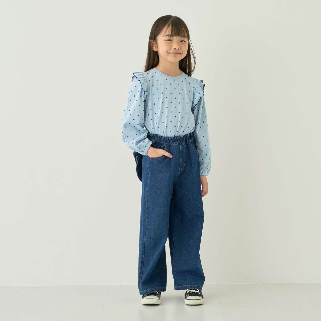 [100% Cotton] [Muteki T] [Stain Resistant/UV/Quick-Dry] Frilled Volume Sleeve All-Over Pattern T-Shirt for Girls [Kids],Blue gray, large image number 9