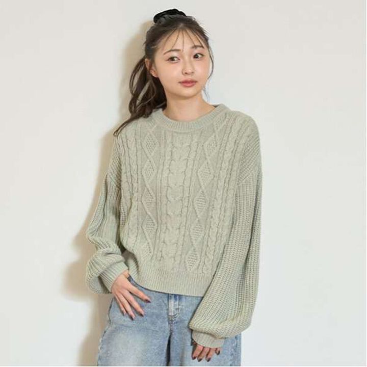 Cable Knit Pullover,Light green, medium image number 0