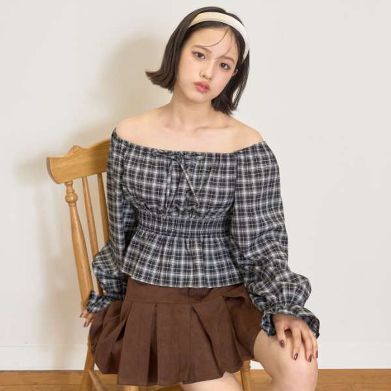 Checkered Off-Shoulder Blouse,Off white, large image number 2