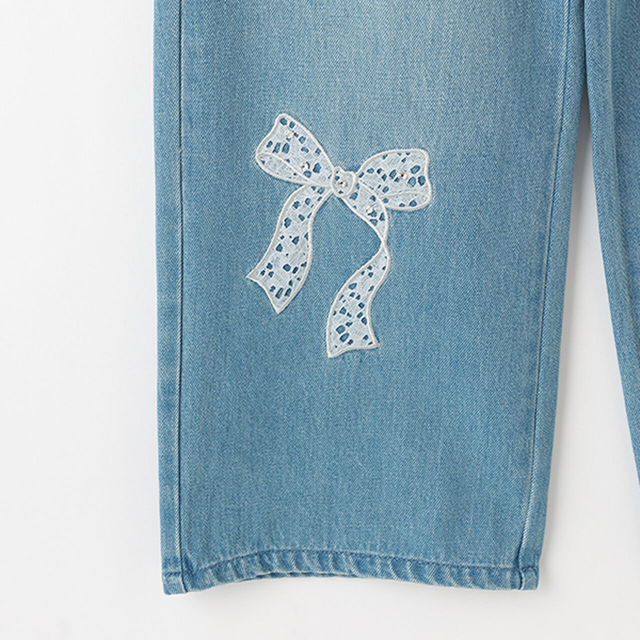 Lace Appliqué Slim Fit Loose Straight Denim Pants,Light blue, large image number 10