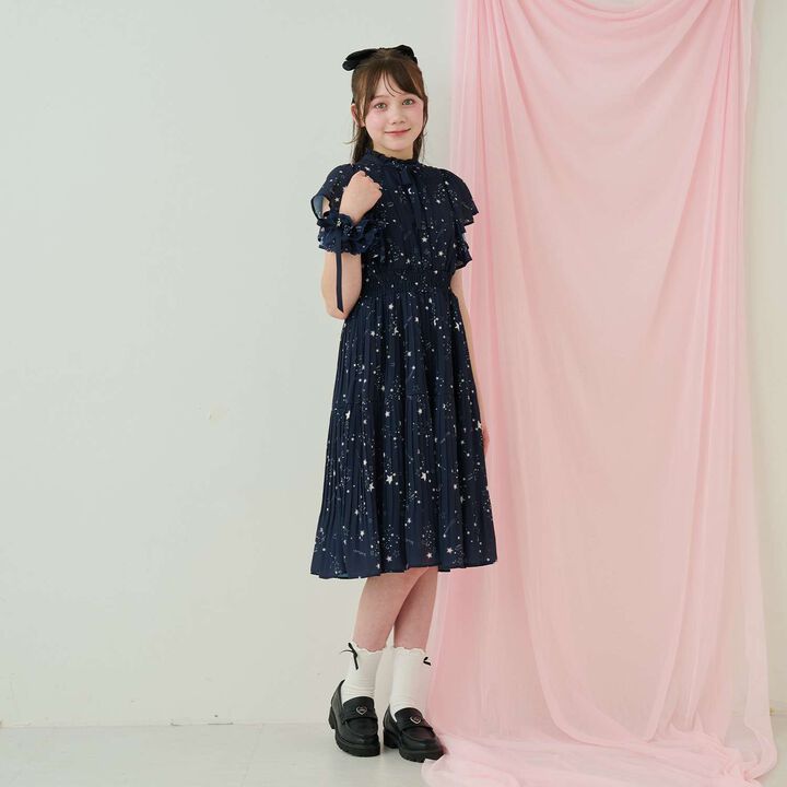 Assorted Fabric Pleated One-Piece Dress♪,Navy, medium image number 0