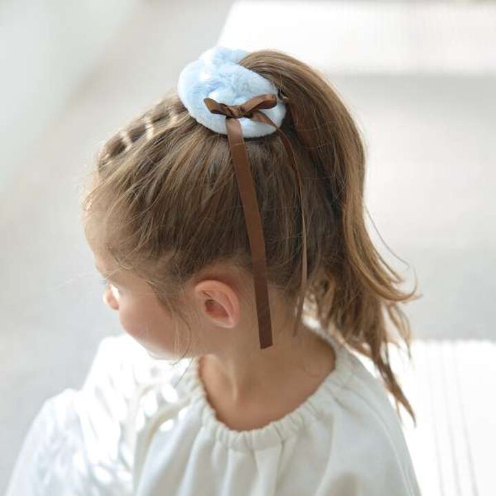 Ribbon-Trimmed Faux Fur Scrunchie,Blue gray, medium image number 0